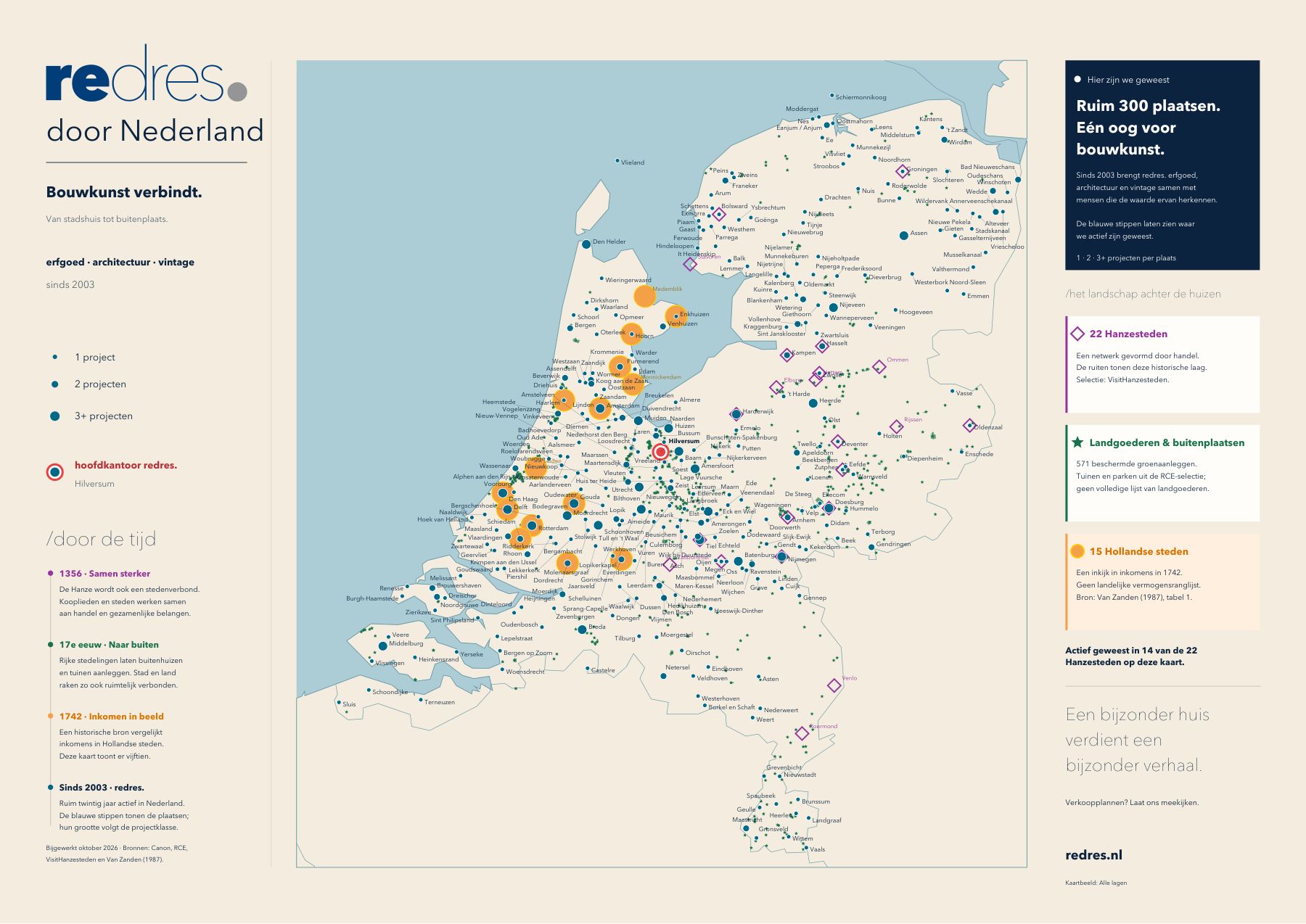 Kaart redres. door Nederland: ruim 300 plaatsen waar redres. actief is geweest, met Hanzesteden, landgoederen en Hollandse steden in 1742